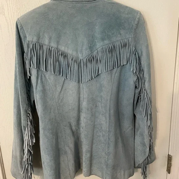 Denim&Co Light Blue Suede Fringe Jacket L - Picture 2 of 3